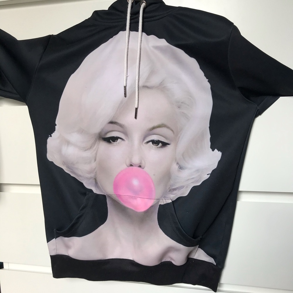 Black Graphic Pullover Hoodie Sweater with Pink Accent